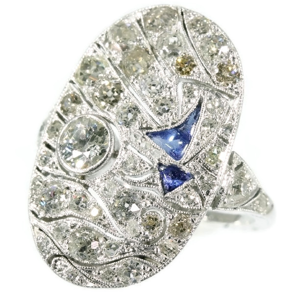 Art Deco ring with nautical theme diamonds and sapphires